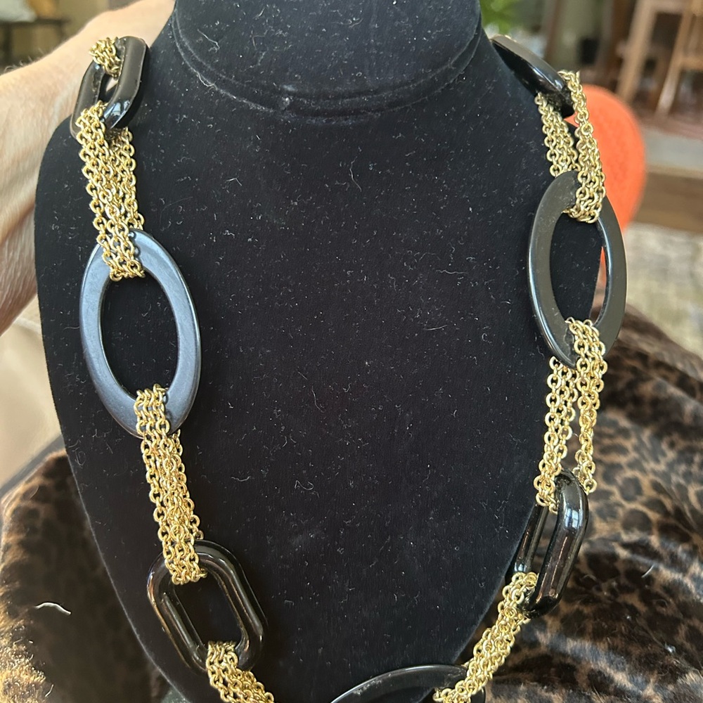 Gold Toned Chain and Black Acrylic Chain Necklace